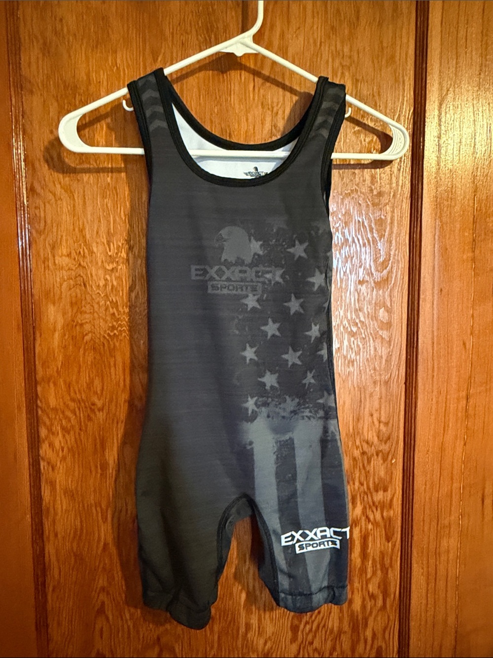 EXXACT Sports Black Wrestling Singlet with Faded Flag Graphic